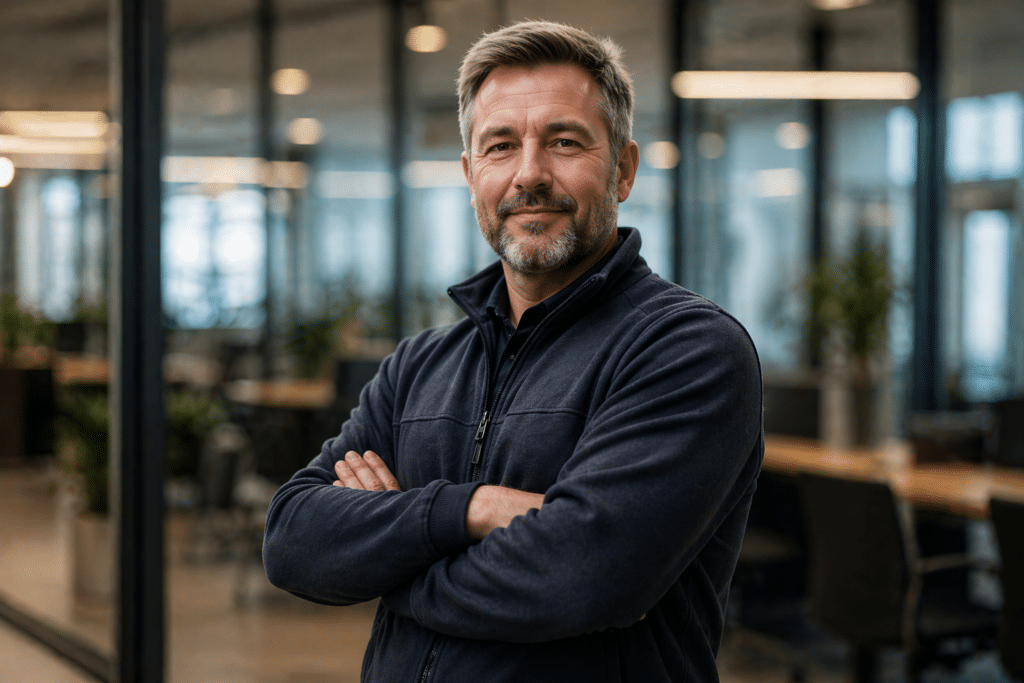 Portrait of a confident man with gray hair and beard, arms crossed, in a modern office setting.